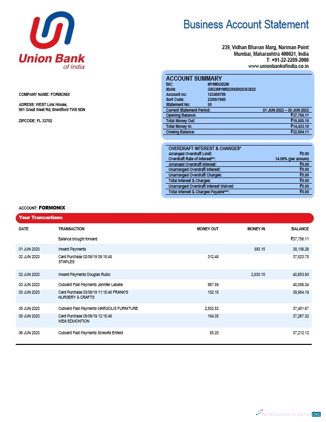 Réaliste Télécharger Union Banque de Inde Entreprise Relevé Word et PDF Modèle Photoshop Modèle