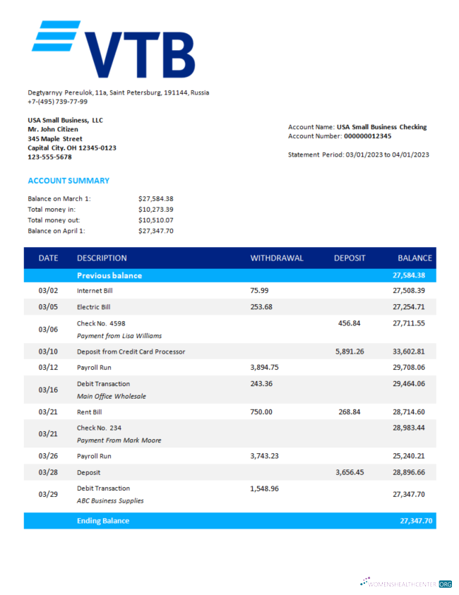 Premium Télécharger VTB Banque Firm Compte Relevé Word et PDF Modèle Photoshop Modèle