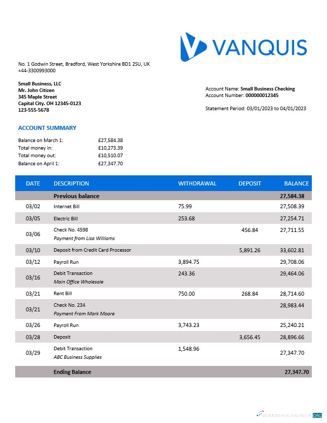 Réaliste Télécharger Vanquis Banque Organization Compte Relevé Word et PDF Modèle Photoshop Modèle