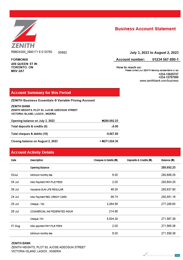 Réaliste Télécharger Zenith Banque Entreprise Compte Chèque Compte Relevé Word et PDF Modèle Photoshop Modèle