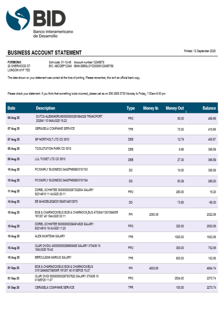 Équateur Banco Interamericano de Desarrollo (BID) Firm Compte Relevé Word et PDF Format aperçu