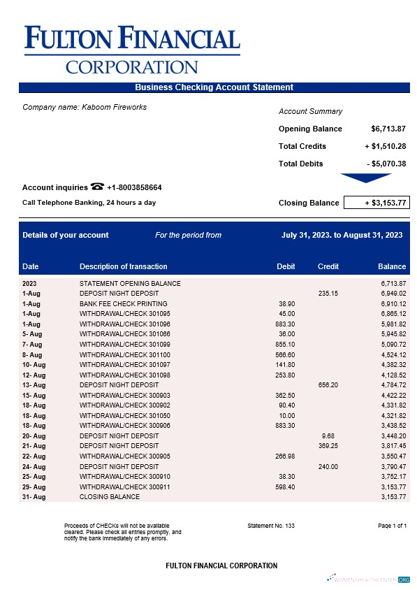 Réaliste Fulton Financial Corporation Enterprise Compte Relevé Word et PDF Modèle