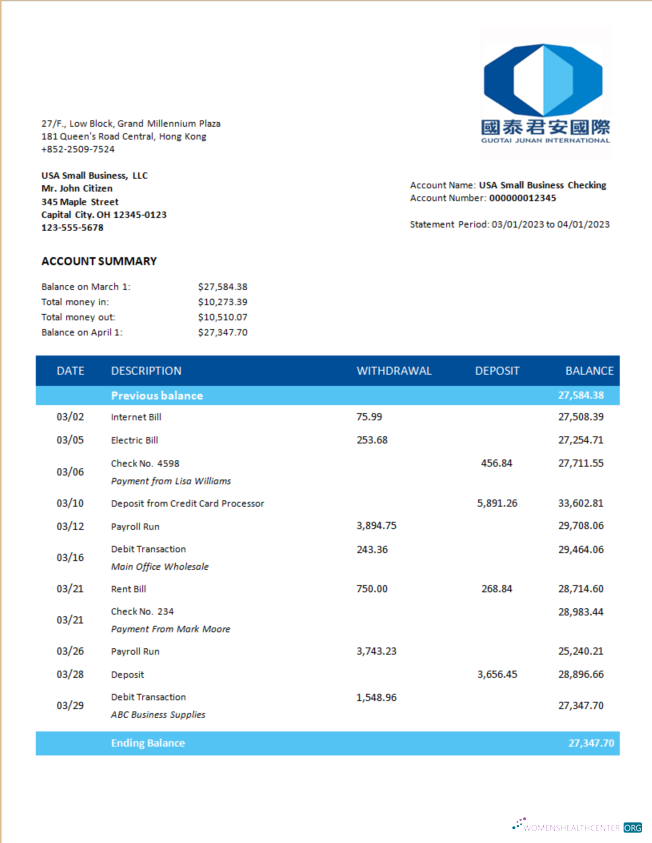 Qualité Guotai Junan Securities Banque Corporatif Compte Chèque Compte Relevé Word et PDF Modèle