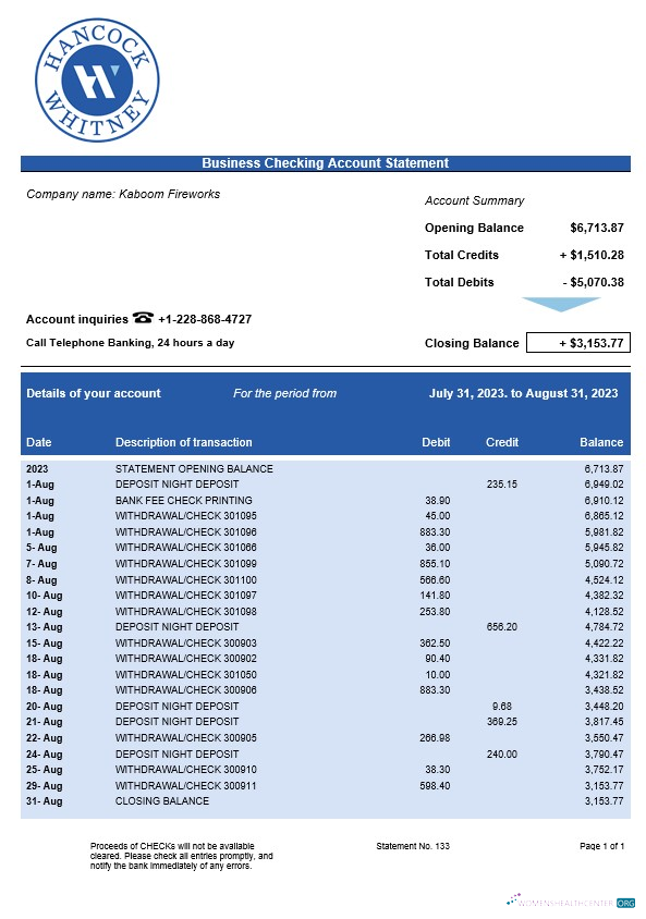 Professionnel Hancock Whitney Banque Entreprise Compte Chèque Compte Relevé Word et PDF Modèle