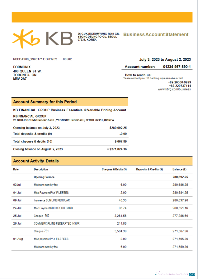 Premium KB Financial Group Banque Société Compte Chèque Compte Relevé Word et PDF Modèle