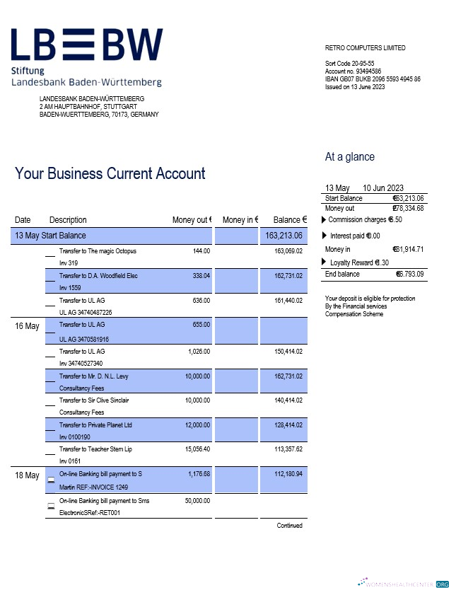 Professionnel Landesbank Baden Württemberg Enterprise Compte Relevé Word et PDF Modèle