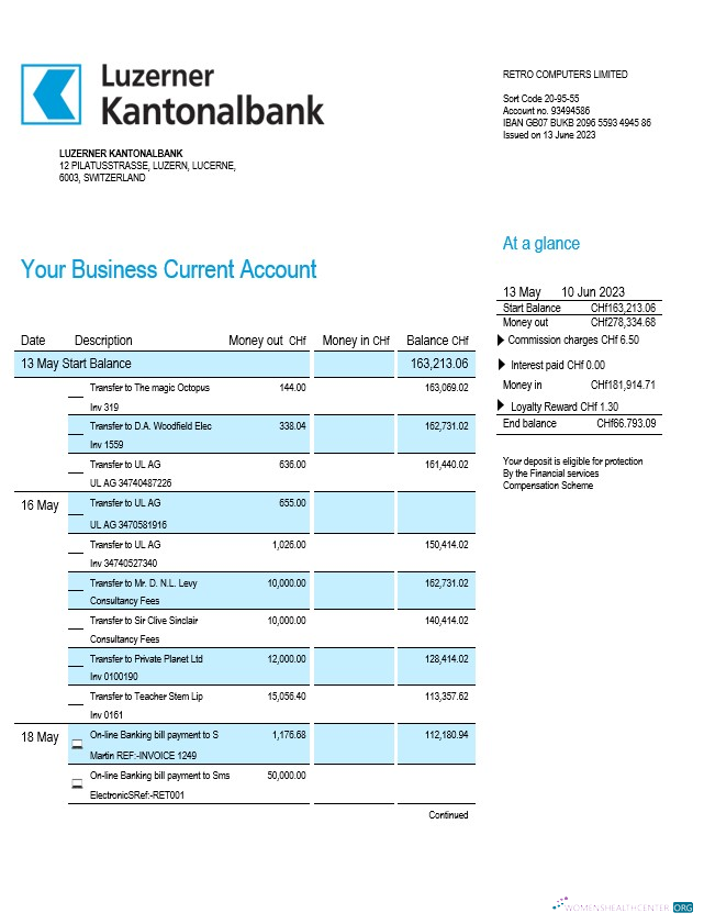Modifiable Luzerner Kantonalbank Banque Organization Compte Chèque Compte Relevé Word et PDF Modèle