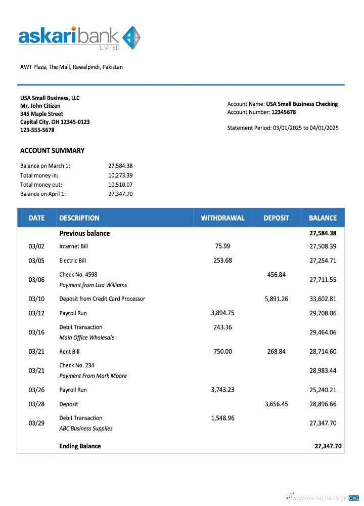 Qualité Pakistan Askari Banque Entreprise Compte Chèque Compte Relevé Word et PDF Modèle