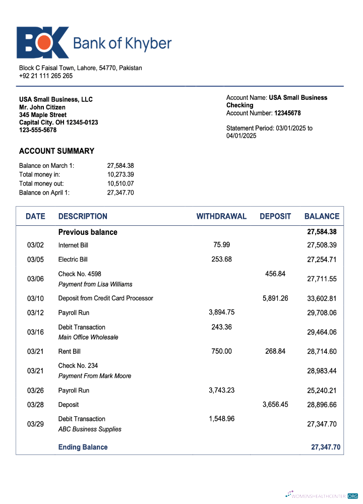 Qualité Pakistan The Banque de Khyber Enterprise Compte Relevé Word et PDF Modèle
