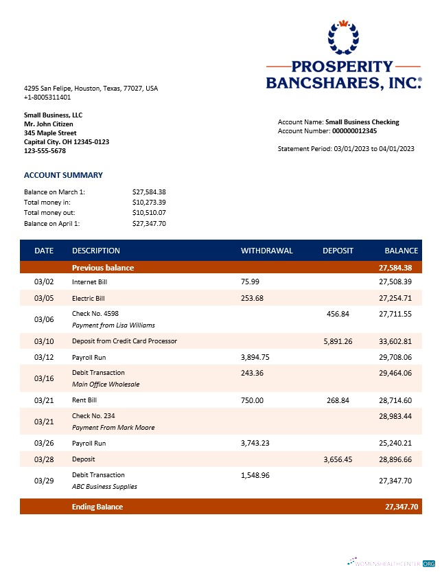 Qualité Prosperity Bancshares Inc Société Compte Chèque Compte Relevé Word et PDF Modèle