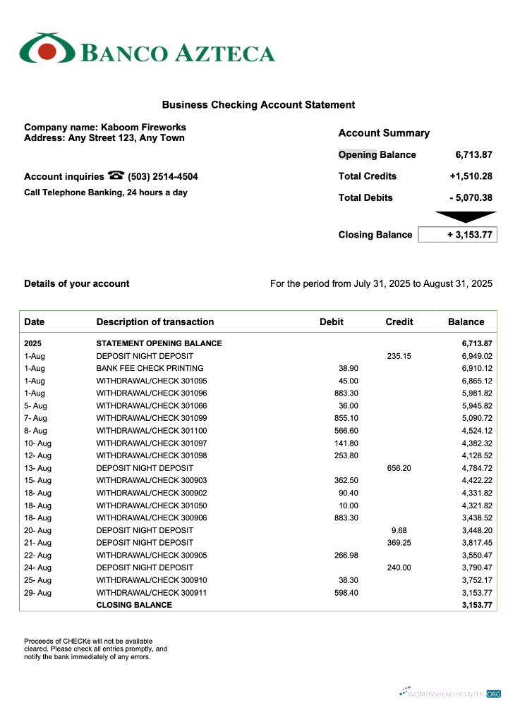 Salvador Banco Azteca Organization Compte Chèque Compte Relevé Word et PDF Format maquette