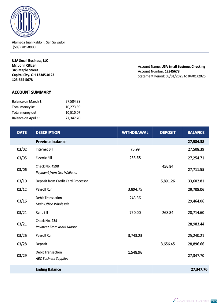 Réaliste Salvadoran Banco Central de Reserva de Salvadoran Firm Compte Relevé Word et PDF Modèle