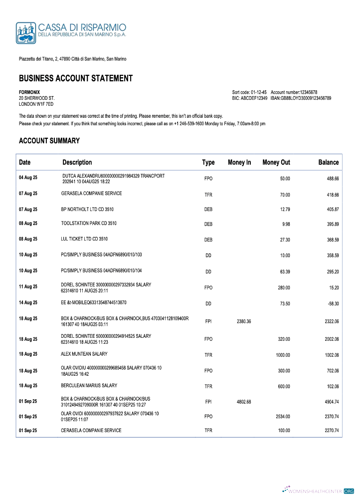 Premium San Marino Cassa Di Risparmio Banque Firm Compte Relevé Word et PDF Modèle