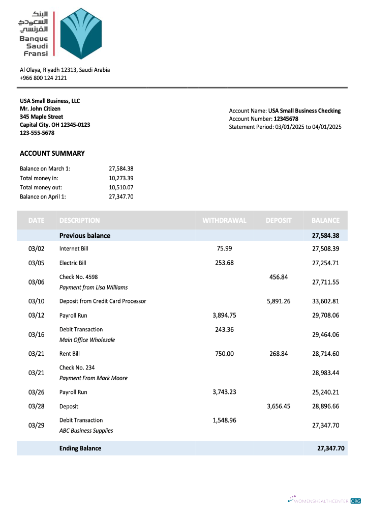 Premium Saudi Arabian Banque Saudi Fransi Organization Compte Chèque Compte Relevé Word et PDF Modèle