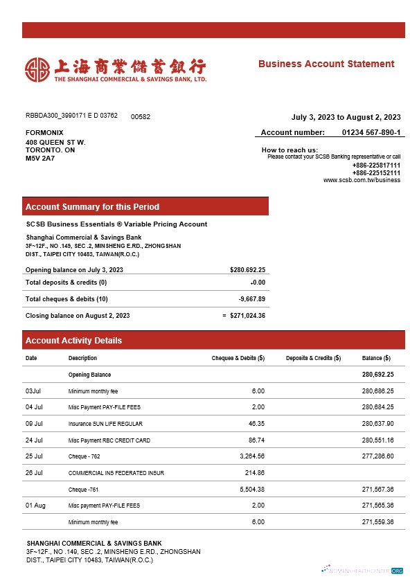 Réaliste Shanghai Commercial & Épargne Banque Firm Compte Relevé Word et PDF Modèle