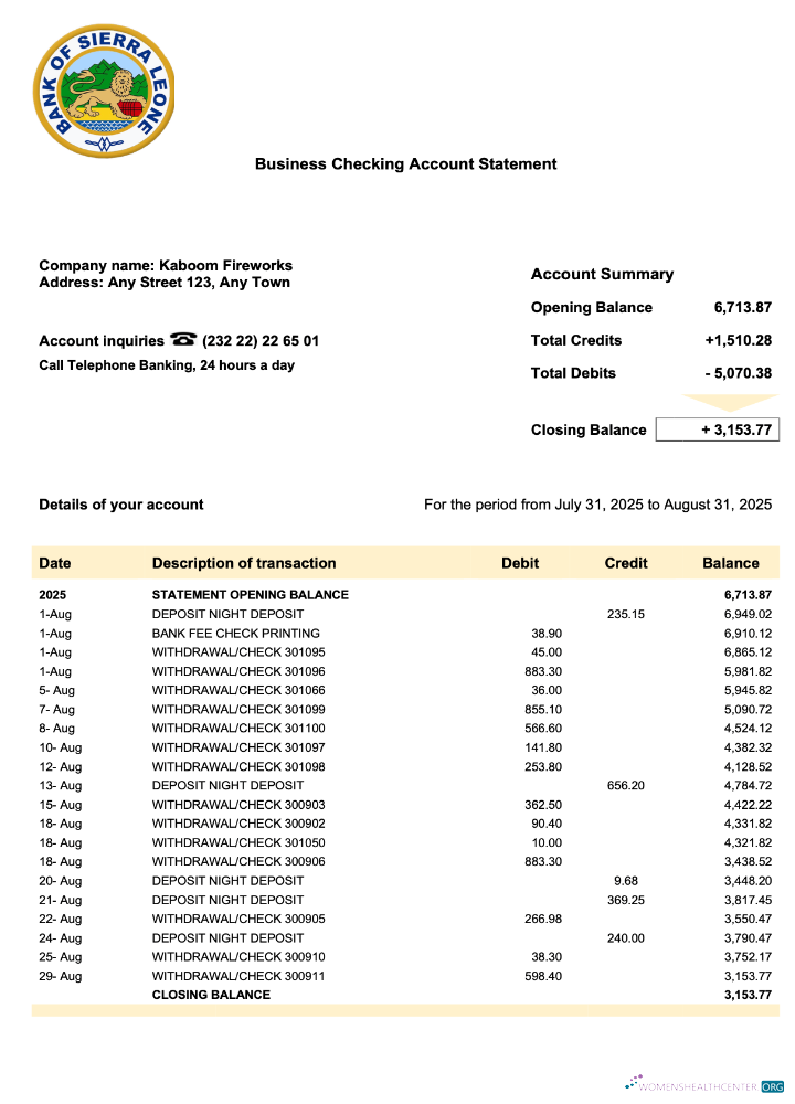 Premium Sierra Leone Banque de Sierra Leone Entreprise Compte Chèque Compte Relevé Word et PDF Modèle