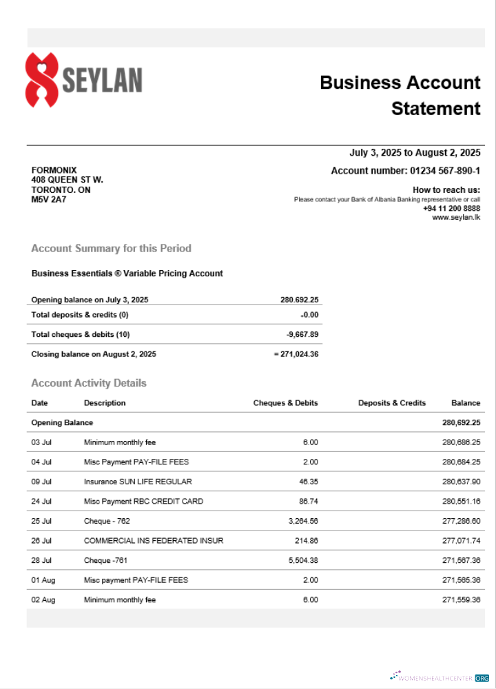 Réaliste Sri Lanka Seylan Banque Organization Compte Chèque Compte Relevé Word et PDF Modèle