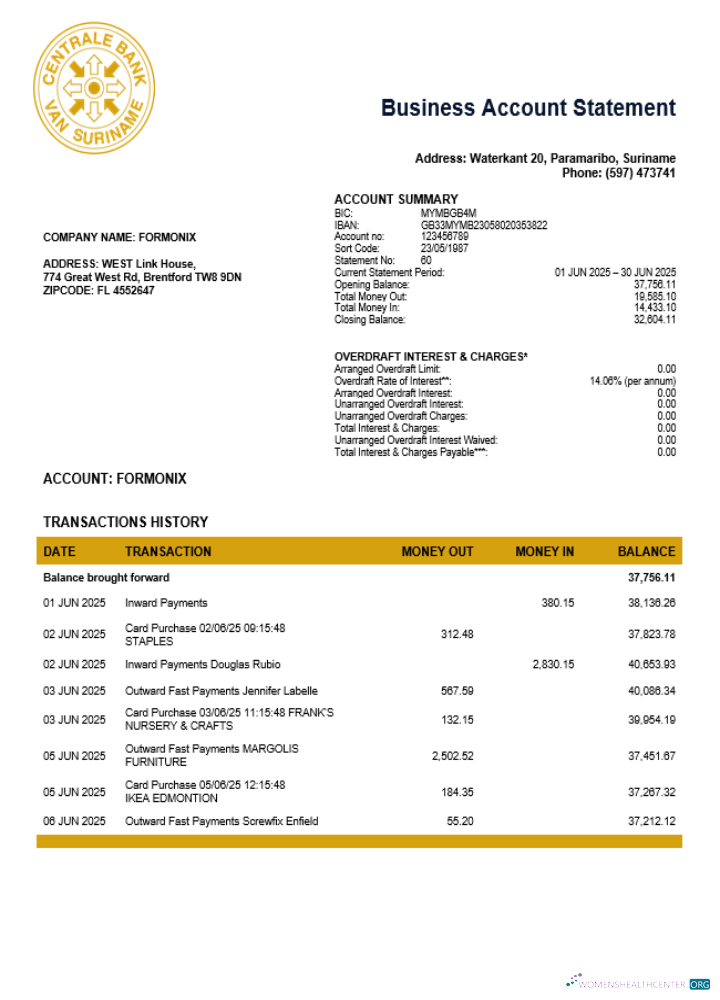 Qualité Suriname Centrale Banque Van Suriname Entreprise Compte Relevé Word et PDF Modèle