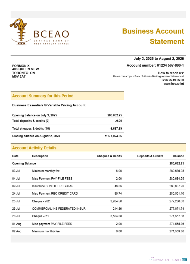 The Central Banque de Ouest African States Organization Compte Chèque Compte Relevé Word et PDF Format échantillon