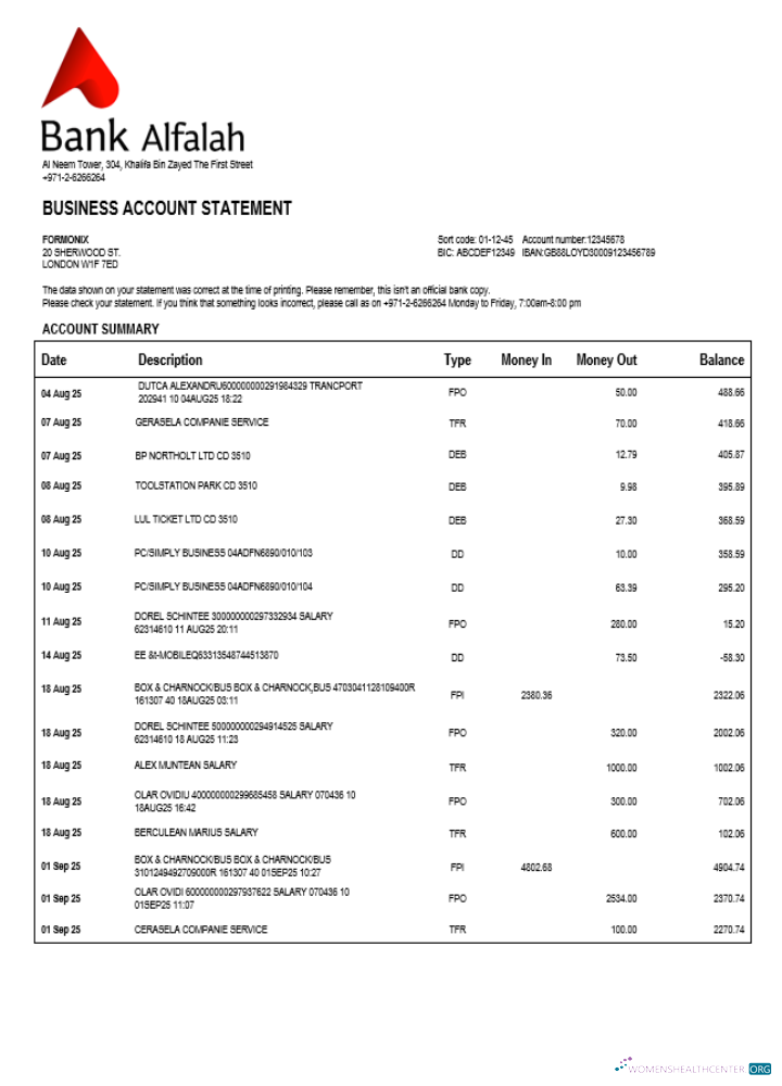 Professionnel UAE Abu Dhabi Banque Alfalah Société Compte Chèque Compte Relevé Word et PDF Modèle