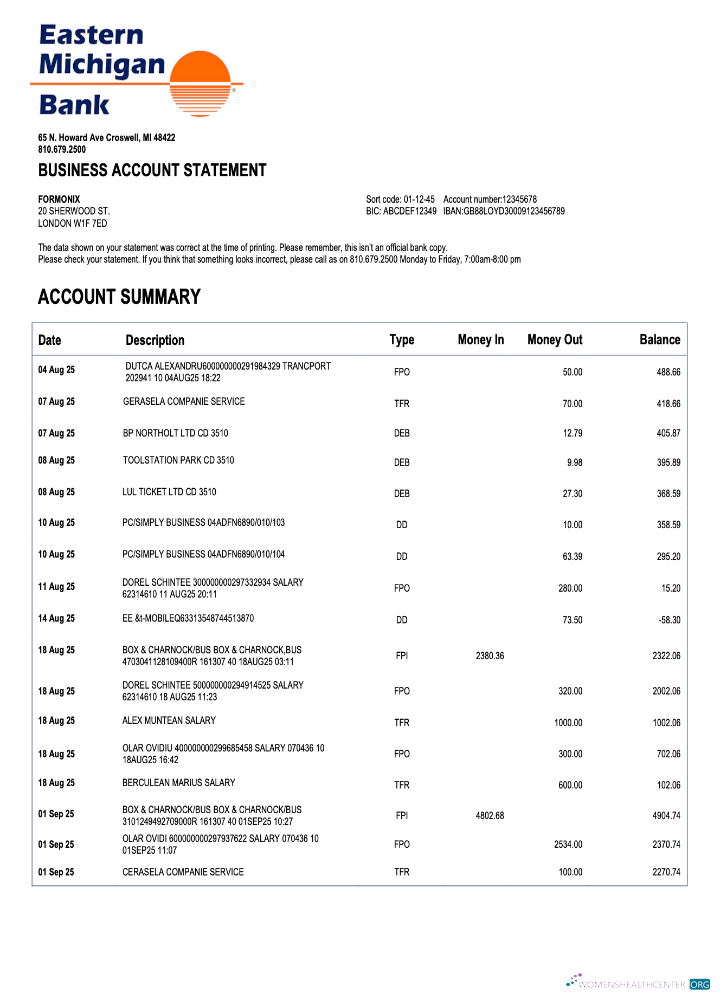 Qualité US Eastern Michigan Organization Compte Chèque Compte Relevé Word et PDF Modèle