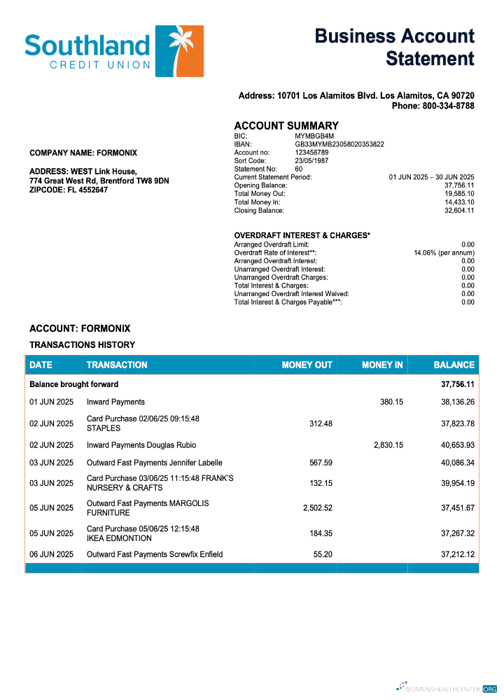 Professionnel USA California Southland Crédit Union Entreprise Compte Chèque Compte Relevé Word et PDF Modèle