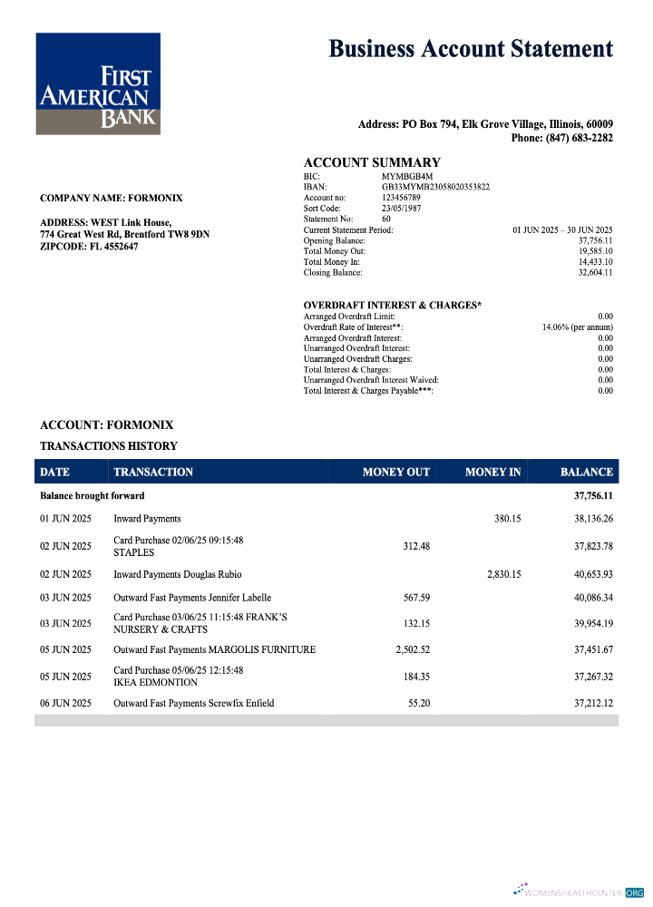 Premium USA Premier America Banque Société Compte Chèque Compte Relevé Word et PDF Modèle