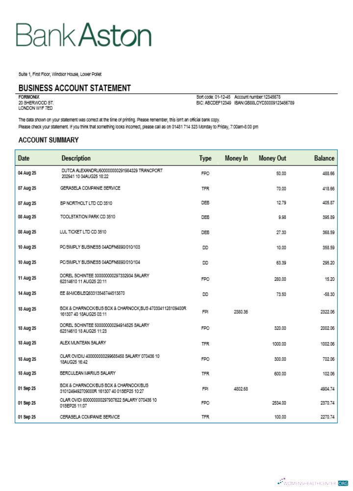 Professionnel Royaume-Uni Banque de Aston Entreprise Compte Chèque Compte Relevé Word et PDF Modèle