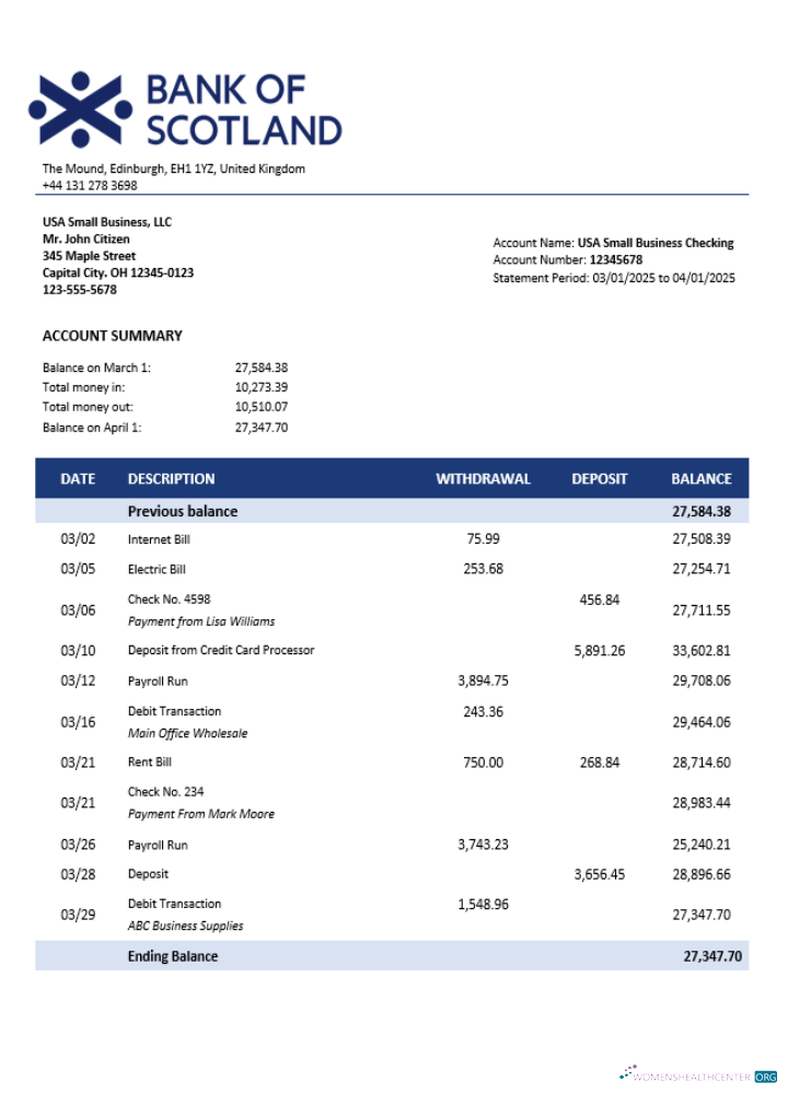 Premium Royaume-Uni Banque de Scotland Entreprise Compte Chèque Compte Relevé Word et PDF Modèle