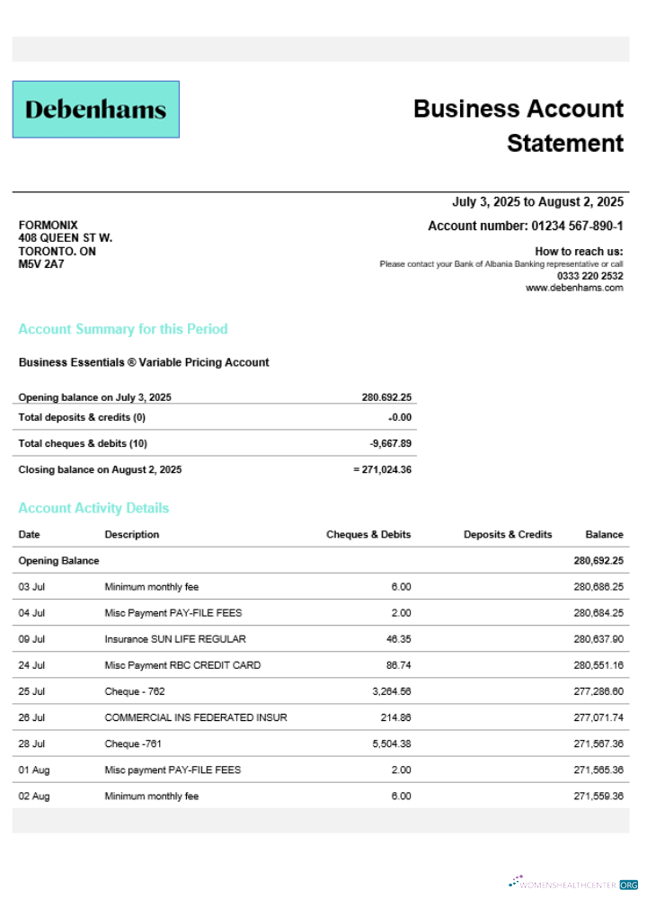 Premium Royaume-Uni Debenhams Entreprise Compte Chèque Compte Relevé Word et PDF Modèle
