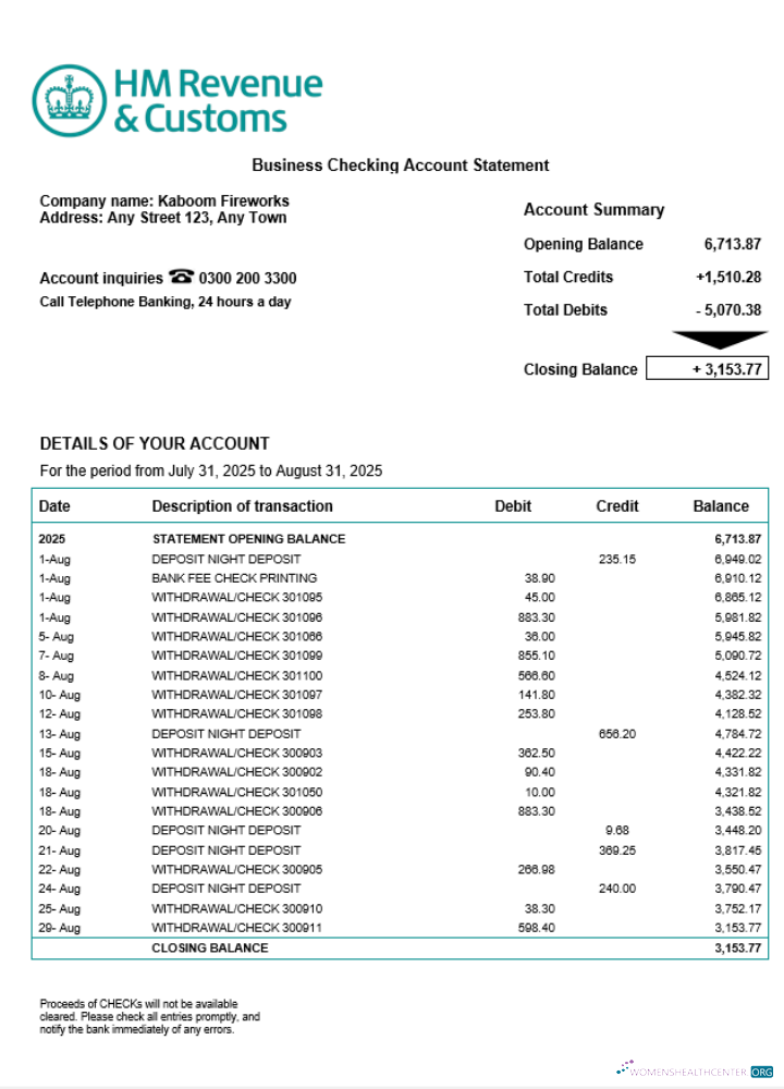 Réaliste Royaume-Uni HM Revenue & Customs Enterprise Relevé Word et PDF Modèle