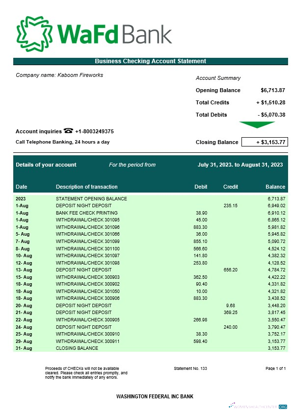 Réaliste Washington Fédéral Inc Banque Entreprise Compte Chèque Compte Relevé Word et PDF Modèle
