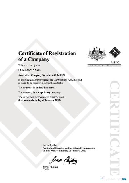 Realistische Australien Certificate von Unternehmen Registration Word und PDF Vorlage, Version 2