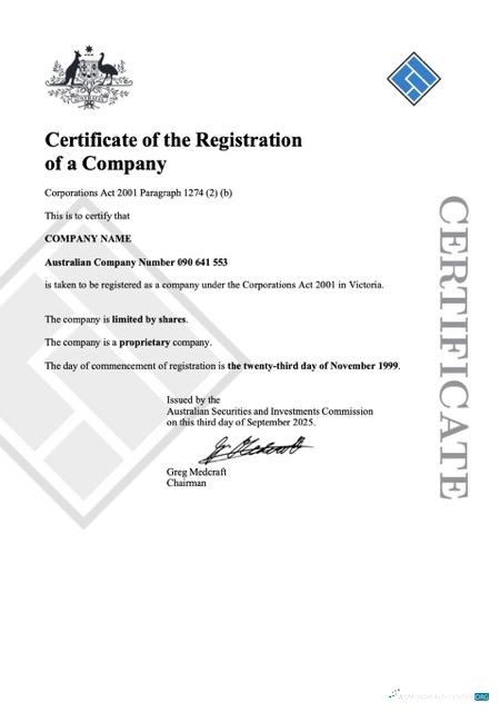 Realistische Australien Certificate von Unternehmen Registration Word und PDF Vorlage
