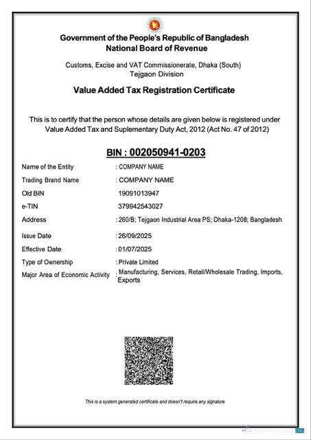 Professionelle Bangladesch VAT Registration Certificate Word und PDF Vorlage, Version 2