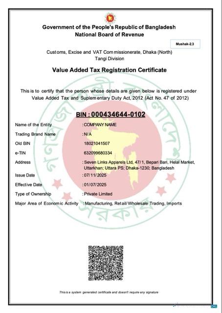 Professionelle Bangladesch Value Added Tax Registration Certificate Word und PDF Vorlage