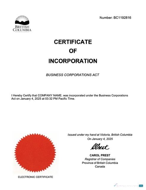 Editierbare British Columbia Certificate von Incorporation Word und PDF Vorlage, Version 2