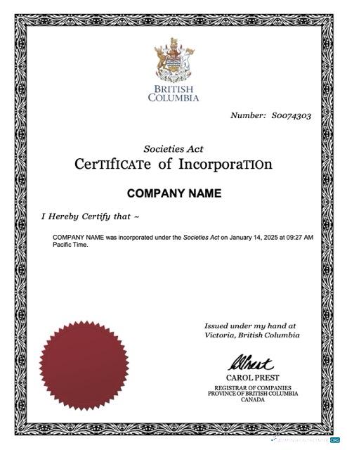 Editierbare British Columbia Certificate von Incorporation Word und PDF Vorlage