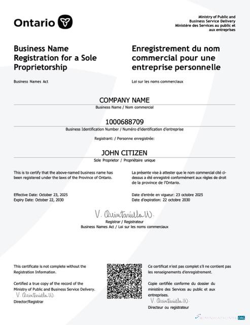 Editierbare Kanada Ontario Certificate von Geschäftlich Name Registration Word und PDF Vorlage