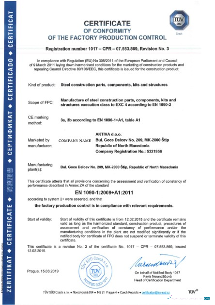 Tschechien Republik Certificate von Conformity von The Factory Production Control vorlage