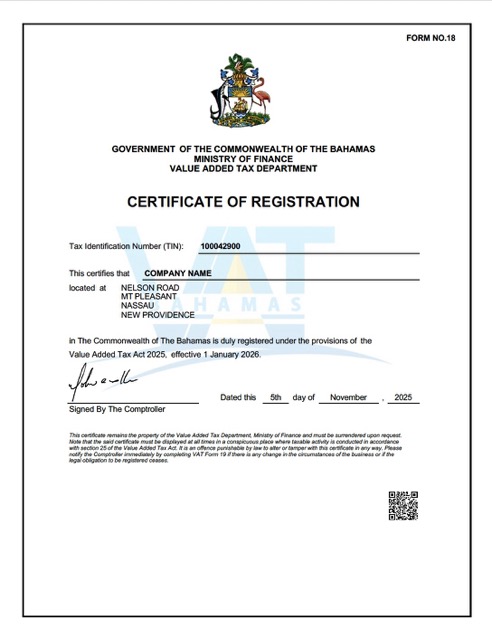Realistische Herunterladen Bahamas VAT Registration Certificate Word und PDF Vorlage Photoshop Vorlage