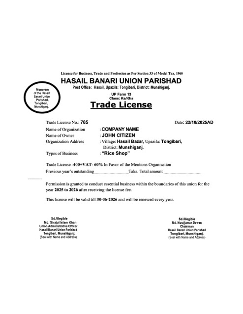 Realistische Herunterladen Bangladesch Munshiganj Trade License Word und PDF Vorlage Photoshop Vorlage