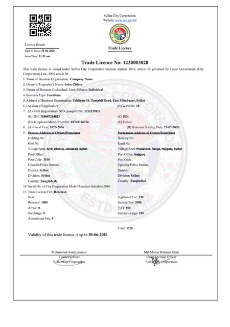 Editierbare Herunterladen Bangladesch Sylhet Trade License Word und PDF Vorlage Photoshop Vorlage