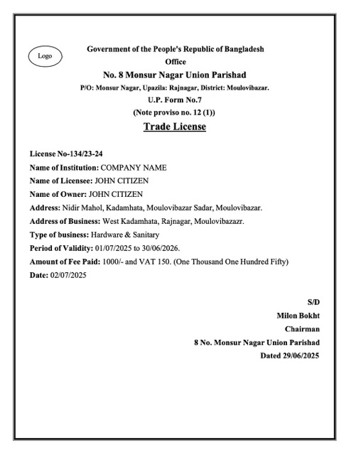 Professionelle Herunterladen Bangladesch Trade License Word und PDF Vorlage Photoshop Vorlage