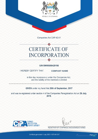 Realistische Herunterladen Botsuana Certificate von Incorporation Photoshop Vorlage