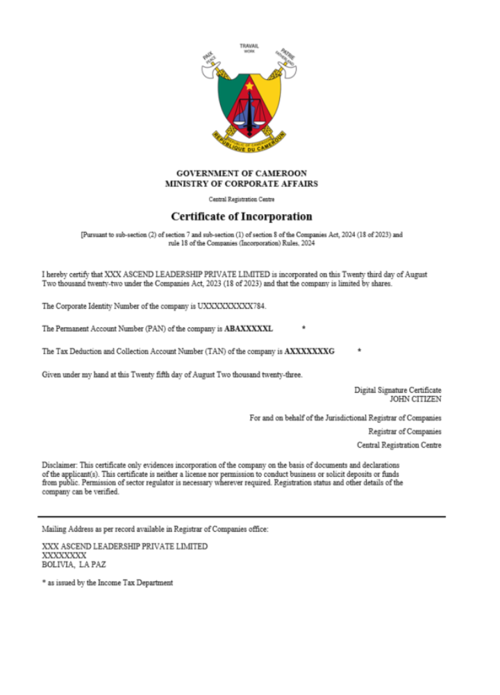 Realistische Herunterladen Kamerun Certificate von Registration Word und PDF Vorlage Photoshop Vorlage