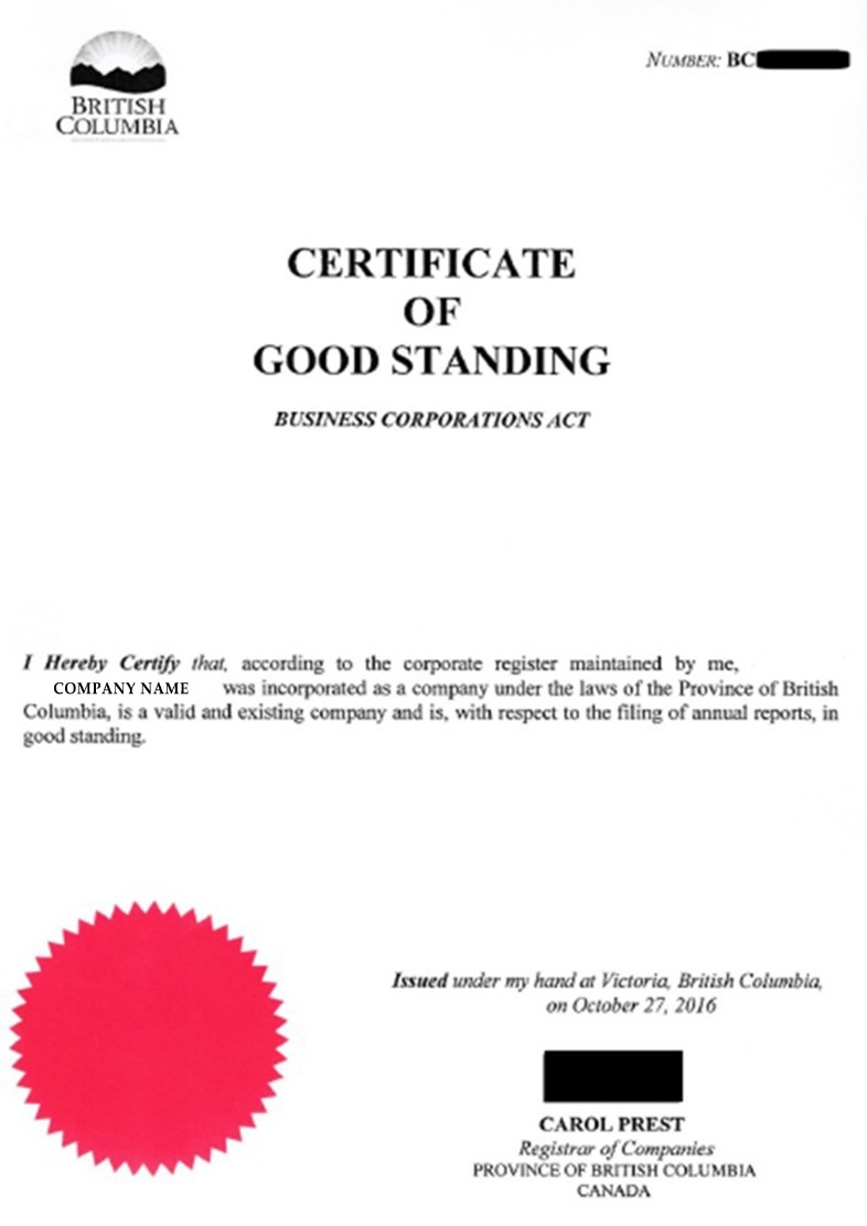 Professionelle Herunterladen Columbia Certificate von Good Standing Photoshop Vorlage