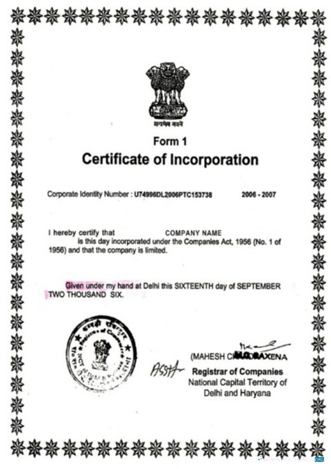Realistische Herunterladen Indien Certificate von Incorporation Photoshop Vorlage