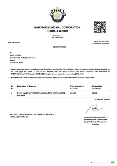 Professionelle Herunterladen Indien Gangtok Trade License Word und PDF Vorlage Photoshop Vorlage