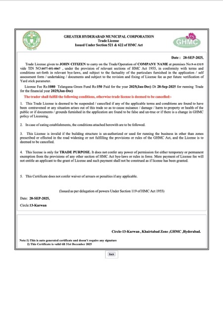 Hochwertige Herunterladen Indien Hyderabad Trade License Word und PDF Vorlage Photoshop Vorlage